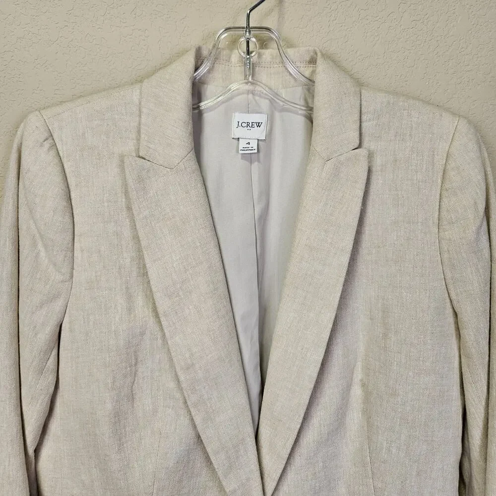 J.Crew Linen Cotton Holland Blazer Womens 4 Crosshatch Beige Career Jacket AL221 - Picture 3 of 16
